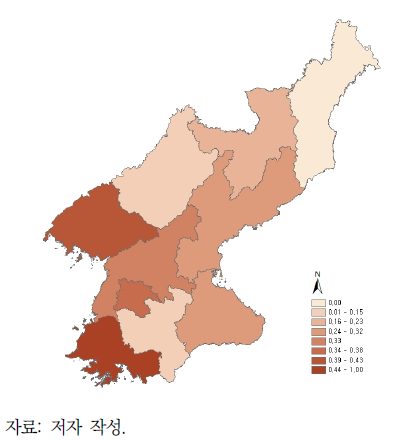 민감도 부문의 지역별 분포