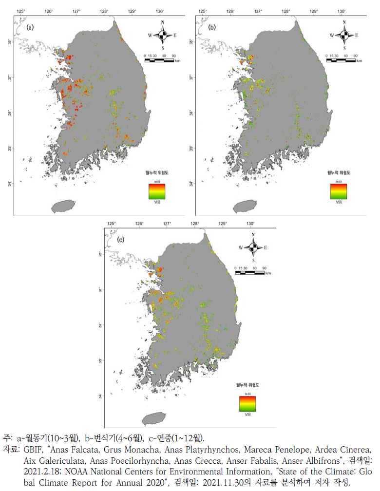 청둥오리의 시기 조건별 누적 예측 분포를 고려한 가금농장과의 접촉 위험도