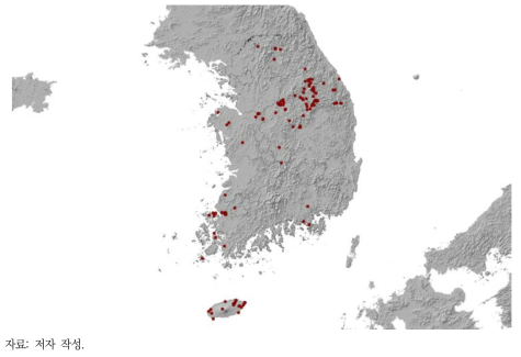 동굴성 박쥐의 동면처 분포 현황(2006~2015년 기준)