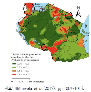 MaxEnt에 의해 예측된 BXW 발생 적합성 지도