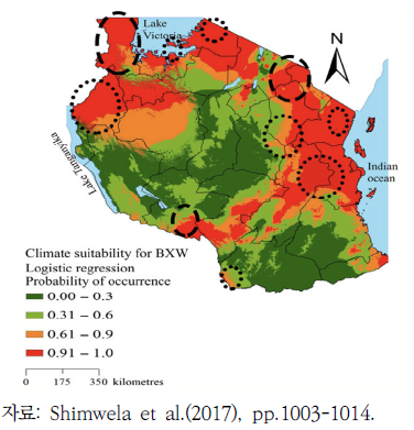 로지스틱 회귀 분석으로 예측된 BXW 발생 적합성 지도