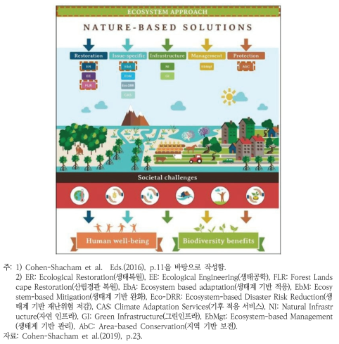 생태계 기반 접근법의 다섯 가지 범주에 대한 자연기반해법의 우산 개념