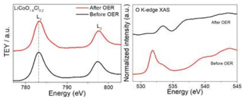 전기화학 반응 전 후 비교 분석-LiCoO1.8Cl0.2의 물 산화 반응 전, 후의 Co L-edge와 O K-edge 스펙트럼