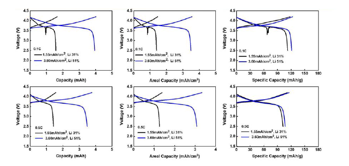 액체전해질에서 서울대 리튬금속음극 충방전 특성 (0.1C, 0.5C 충전/방전)