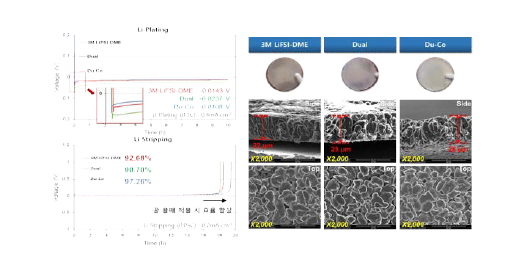 단일염 (LiFSI), Dual salt (Dual), 공용매 (Du-co) 전착 거동, 전착 전극 SEM 분석 및 stripping 거동