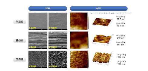 Cu 조도 별 SEM 이미지 및 AFM 분석