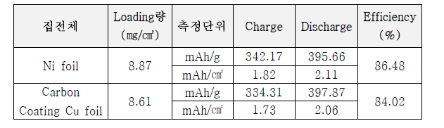 초기 용량 및 효율 측정 결과