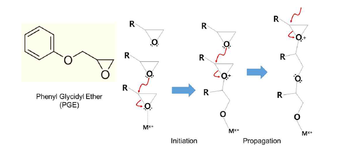 페닐 글라이시딜 에테르(PGE)의 구조 및 양이온 개시제를 통한 중합 반응 메커니즘