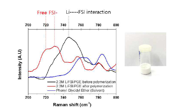 LiFSI-PPGE의 라만 스펙트럼 (FSI 음이온의 거동 변화)