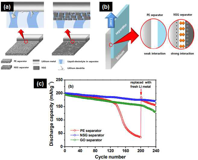 (a) 도핑 그래핀이 코팅된 분리막 모식도, (b) 분리막과 리튬과의 shear test 모식도 및 (c) 분리막에 따른 전기화학 특성