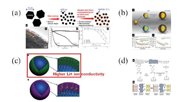 ALD coating for (a) cathode material, (b) anode material, (c) separator, (d) solid electrolyte