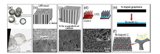 친리튬성 물질을 이용한 연구. (a) 카본 구체+Au 복합체, (b) 탄화시킨 나무+ZnO 복합체, (c) 탄화시킨 나무+MgO 복합체, (d) Cu구조체+CuO 복합체, (e) 질소도핑 그래핀, (f) 질소도핑 3차원 카본구조체