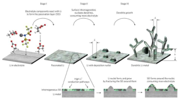 리튬금속 수지상 형성 메커니즘을 나타낸 모식도