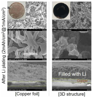 리튬이 전착된 후에 평판 Cu와 3차원 구조체의 SEM 이미지 (1 mA/cm2, 용량 2 mAh/cm2)