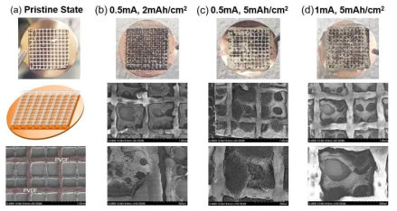 (a) 3차원 구조체 위에 PVDF 막을 형성하여 제작된 구조체의 이미지와 SEM 및 (b-d) 3D 프린팅 장비를 이용하여 제작된 PVDF 절연막을 포함한 구조체의 리튬 전착 이후의 디지털 이미지 모습과 SEM 이미지