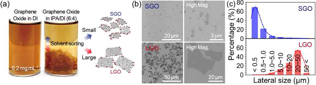 (a) Size-sorting을 이용한 그래핀 사이즈 분리, SGO와 LGO의 (b) SEM 이미지와 (c) 사이즈 분포