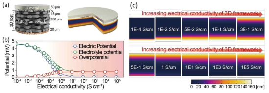 (a) 시뮬레이션에 사용된 PrGO-GF/Cu 구조체 이미지와 (b) 구조체 전기전도도 변화에 따른 구조체 상부에서의 electric/electrolyte potential/overpotential과 (c) 리튬 전착거동 이미지