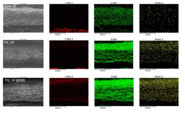 Bare GF, Pd-GF, Pd-GF@600 샘플의 단면 EDS 분석