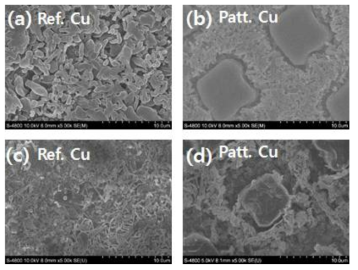 초기 사이클에서의 Li의 전착 탈리 거동 : 전착 - (a) Ref. Cu, (b) Patt. Cu, 탈리 - (c) Ref. Cu, (d) Patt. Cu