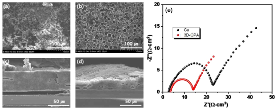 (a, c) 50 cycle 후의 Cu 표면 및 단면 이미지 (b, d) 100 cycle 후의 3D-CPA의 이미지, (e) 50 사이클 후의 임피던스 결과 비교