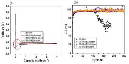 (a) 리튬친화적 원소가 도핑된 3D-CPA의 초기 전압 곡선, (b) half cell에서의 사이클 수명