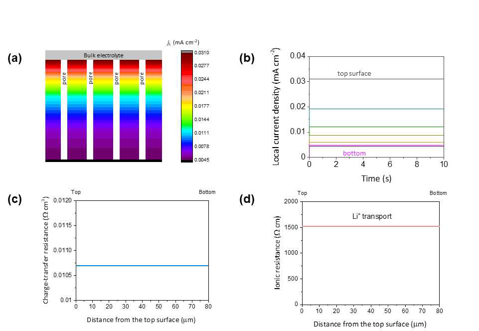 SPF-S에서 0.2 mA/cm2 의 전류밀도로 리튬 전착시 (a) 국부 전류밀도 분포도, (b) 전극 위치별 국부 전류밀도 프로파일, (c) 전하전달 저항 분포, (d) 이온 저항 분포