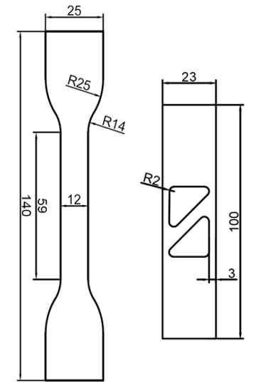피로시험 시편 형상 (좌 ASTM-D412-A, 우 complex 형상)