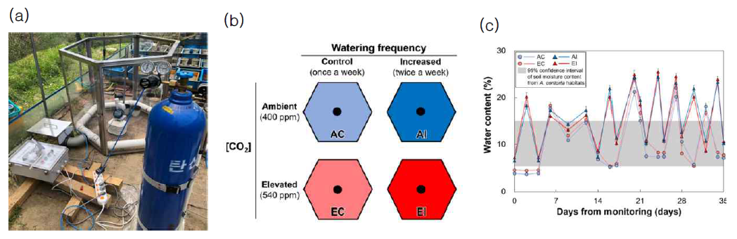 (a) 실제 개발․적용한 상부 개방형 온실; (b) 기후변화에 따른 환경 변화 실험 조건 설계; (c) 실제 실험 조건 내에서의 토양 수분 함량 모니터링