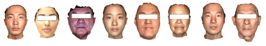 3D 얼굴 모델 예시 (초상권 문제가 있는 얼굴의 경우 눈을 가림)
