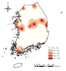 Probability map of 10-5 type single-span greenhouse failure within 9 hours in South Korea under current snow depth of 15 cm