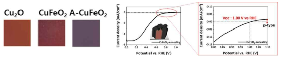 Cu2O와 CuFeO2의 광전극의 차이와 광전압 1 V의 특성 향상 LSV data