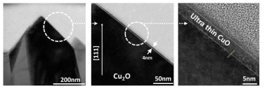 광전기화학적 제어된 산화기술을 통해 형성된 ultra-thin한 4 nm의 산화막 투과전자현미경 이미지