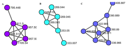 Molecular networking of Actinomadura sp. RB99. Based on public databases the following MS2-clusters were assigned as (A) soyasapogenol derivatives, (B) isoflavonoids including daidzein or genistein and (C) polychlorinated isoflavonoids