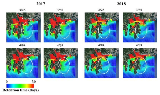 2017년과 2018년 3-4월, 거제동부A. catenella 대발생 해역에서 해류의 체류시간 모의 결과