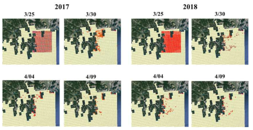 2017년과 2018년 3-4월, 거제동부A. catenella 대발생 해역에서 입자추적의 모의 결과