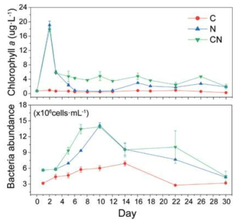 A. catenella 적조 영양염 첨가 메조코즘 실험 Chlorophyll a 농도와 박테리아 세포밀도의 변화