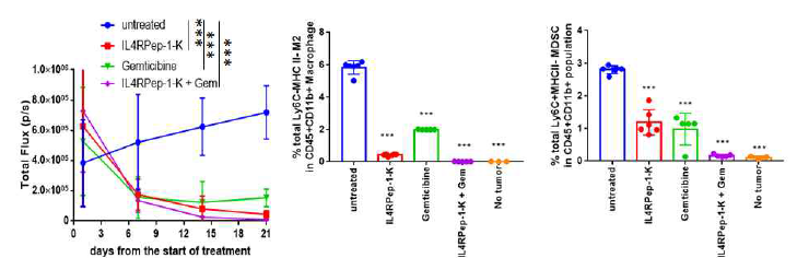 IL4RPep-1-KLA의 Panc2 orthotopic 췌장암 마우스모델에서 종양성장 억제 및 면역개선 효과