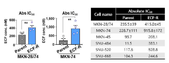 Parent와 ECF-R gastric cancer cell의 Absolute IC50 비교