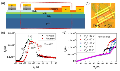 h-BN 절연층이 추가된 tetracene/MoS2 n-p 이종접합 FET의 (a) 소자 개략도와 (b) 광학현미경 이미지, (c) 전달(transfer) 특성 곡선(ΔVG 감소)과 (d) VD에 따른 출력(output) 특성 곡선
