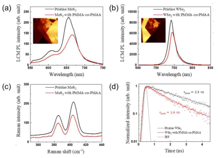 PMMA-co-PMAA 표면 처리 전과 후의 LCM PL 스펙트럼; (a) MoS2, (b) WSe2. PMMA-co-PMAA 표면 처리 전과 후의 (c) MoS2 LCM Raman 스펙트럼, (d) WSe2의 Tr-PL 스펙트럼