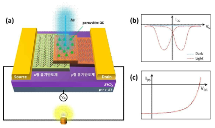 빛으로 작동하는 트랜지스터 및 태양전지 (a) 소자 개념도, (b) 광기전 이중극성 IDS vs. VG transfer 특성 개념 곡선 (VDS = 0), (c) IDS vs. VDS 광기전(photovoltaic) 특성 곡선