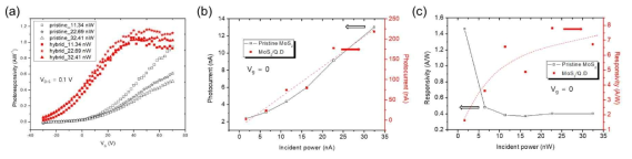 (a) 다양한 입력 광세기에 따른 광반응도 (photoresponsivity) vs. 게이트 전압(VG) 그래프. 입사 빛의 세기에 따른 (b) 광전류와 (c) 광반응도 변화 그래프