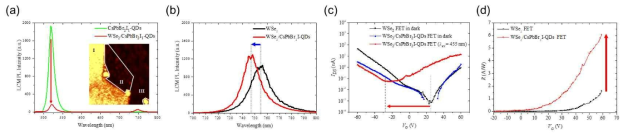 (a) WSe2/CsPbBr2I1-QDs와 CsPbBr2I1-QDs LCM PL 스펙트럼 비교. 내부 그림은 LCM mapping 이미지(λex=488 nm); 영역 I은 CsPbBr2I1-QDs, 영역 II (III)는 1L (multilayer)-WSe2/CsPbBr2I1-QDs. (c) 빛 조사(λex=455 nm)와 CsPbBr2I1-QDs 흡착 전과 후의 WSe2 FET 특성 곡선 비교. (d) CsPbBr2I1-QDs 흡착 전과 후의 VG에 따른 WSe2 FET 광반응도(R) 비교