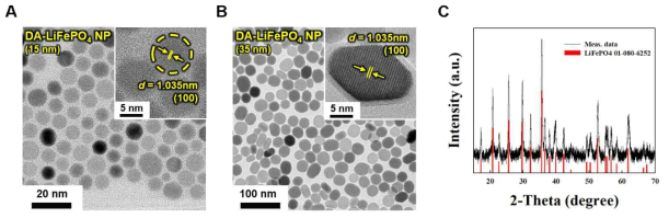 크기별((A) 15nm, (B) 35nm)로 합성된 나노입자와 XRD를 통해 확인한 DA_LiFePO4 나노입자의 우수한 분산성과 고결정성