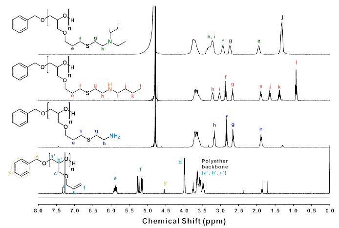 1o-3o 아민 그룹을 가진 양이온성 폴리에테르의 1H NMR 스펙트럼