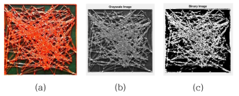 Photograph of a single layer (pristine) filter using random path fabrication. Porosity= 0.7827. mass_core= 0.578 g, volume_core= 40x40x1.25=2,000 mm3