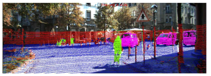 Projection of LiDAR Point Cloud onto image and classification through formation of frustum. (pedestrian in green, cars in pink, ground in blue, and undefined regions in red)