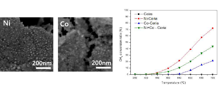 CELD를 통해 증착된 Ni, Co 나노입자가 포함된 다공성 세리아 박막에 대한 SEM 이미지 (좌). Ni, Co, Ni-Co 나노입자가 도입된 세리아 나노구조체의 금속 종류 별 메탄 개질반응 촉매 특성 평가 결과 (우)