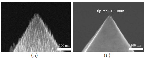 (a) O2 plasma를 사용한 RIE 후의 다이아몬드 첨단의 SEM 이미지 (b)SF6 plasma를 사용한 RIE 후의 다이아몬드 첨단