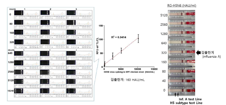 축합용 #1.1-4/점적용 #23.3의 형광 키트의 H5N6에 대한 검출한계 (분변과 바이러스를 혼합한 경우)